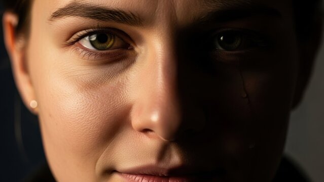 Dramatic portrait of a woman's face split by intense light and shadow with a visible tear