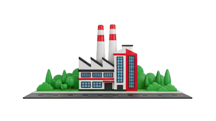 Cartoon Factory Building with Smokestacks and Greenery