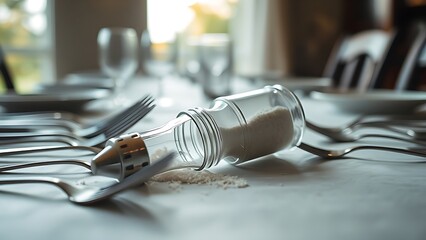 mediocrity. An overturned salt shaker on a dining table with scattered utensils in natural window light. menu design, packaging mockups, designed for culinary blogs and recipe cards for restaurants.