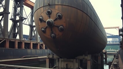 hydrologic. Massive steel caisson supported by jacks in an industrial dry dock setting. safety posters, maintenance manuals, designed for precision metalworking and fabrication facilities.