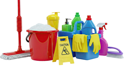 Cleaning Supplies with Mop and Bucket