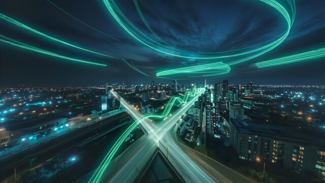 Futuristic city glowing with green energy light trails, sustainable eco-friendly technology concept.
