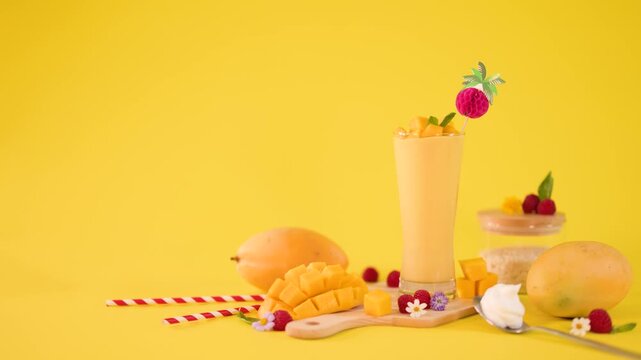 Hand Garnishing Mango Smoothie with Fruit Topper on Yellow