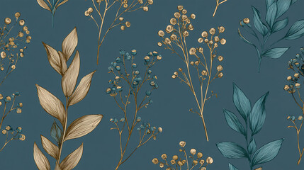 An elegant floral pattern with golden and teal botanical elements against a dark teal background. Perfect for adding a touch of nature-inspired elegance