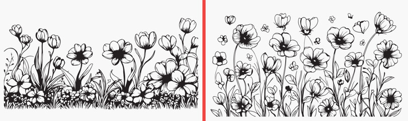 wildflower line art illustration, hand drawn floral sketches, botanical flower outlines, minimal flower drawing set, nature floral vector, delicate flower clipart, meadow flower illustration, botanica