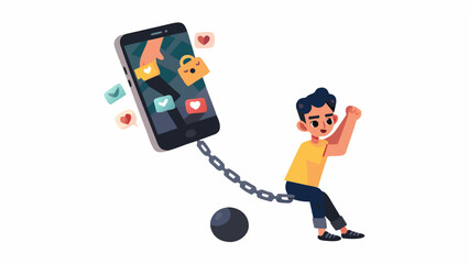 Man breaking free from smartphone addiction with chain and ball