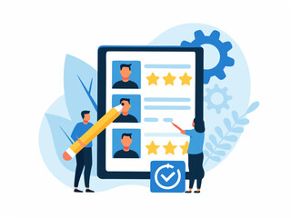 People reviewing employee performance ratings on a large tablet