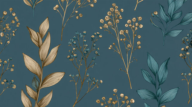 An elegant floral pattern with golden and teal botanical elements against a dark teal background. Perfect for adding a touch of nature-inspired elegance