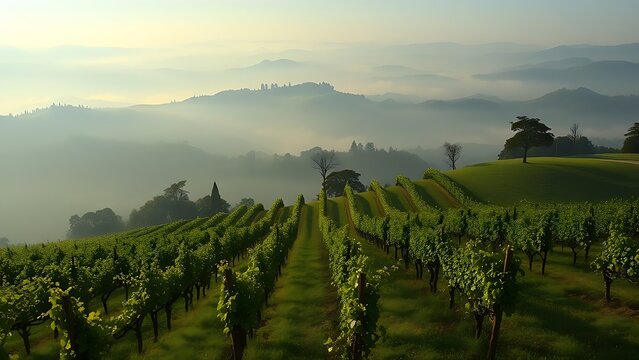 passphrase. Nebbiolo grape vineyard on Piedmont hillside with morning fog and rolling hills. travel magazines, destination branding, designed for outdoor magazines and nature guides.