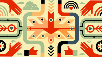 Vibrant abstract illustration with hands and symbols