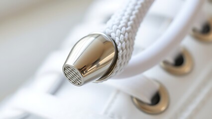 osmium. Polished metal aglet at the end of a white shoelace with metallic texture. lifestyle magazines, social media lookbooks, designed for lifestyle magazines and social media content.