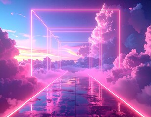 Obraz premium Surreal, vibrant pink and blue scene with cloudscape and neon light frames