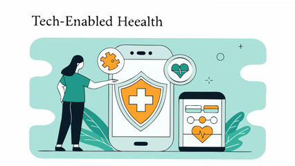 Modern woman interacting with tech-enabled healthcare services on mobile devices