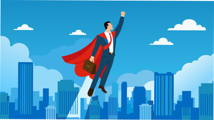 Confident businessman in superhero cape flying over cityscape