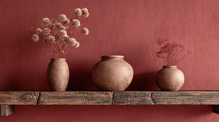 Three handcrafted clay vases with dried flowers arranged on a rustic wooden shelf against a red wall