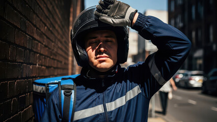 Exhausted delivery man in helmet wipes sweat on sunny city street