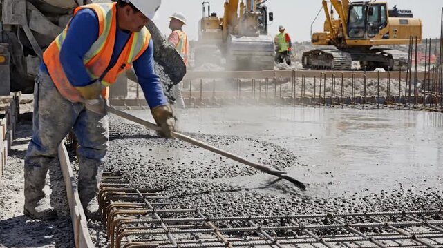 Concrete Poured: Construction worker smoothing wet concrete at a construction site with other workers and equipment in the background.
