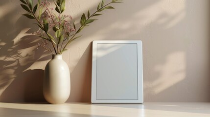 Tablet Mockup Leaning Against Neutral Wall