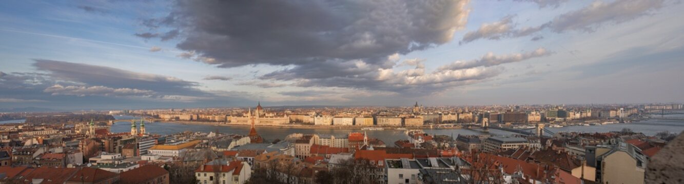 Panoramic View of Budapest Skyline and Danube River at Sunset