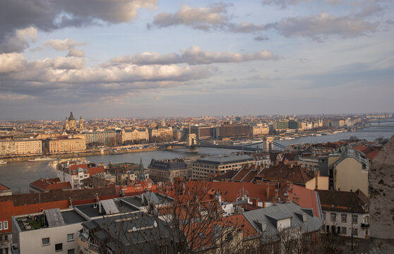 Beautiful Skyline View of Budapest During Sunset With River