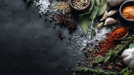 Fresh herbs and spices arrangement on a dark stone background with garlic, salt, and colorful seasonings for culinary inspiration and cooking recipes