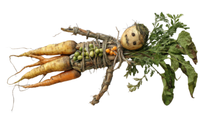 Anthropomorphic vegetable doll body made from carrots and other organic elements showing creativity and natural art