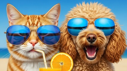 A cheerful orange tabby cat and golden doodle dog enjoy a tropical drink on a sunny beach day
