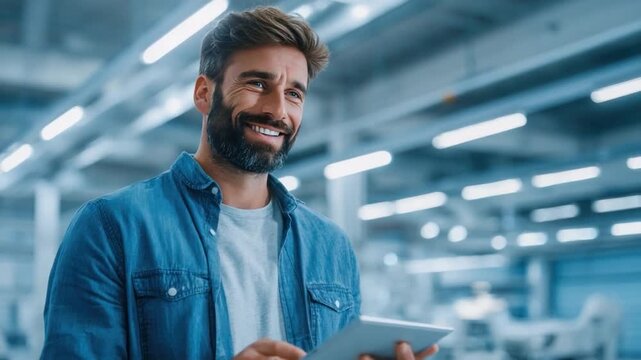 Tech Savvy Professional: A smiling professional, clad in a denim shirt, engages with a tablet device, symbolizing tech integration in a modern setting.