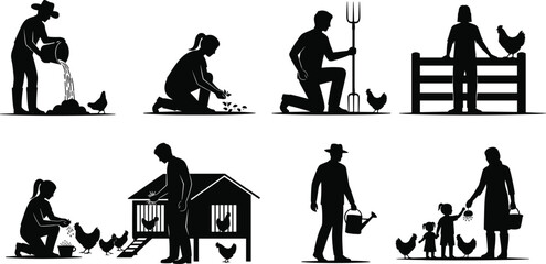 Rural farming silhouettes set illustrating family agriculture activities, chicken care, poultry feeding, gardening, livestock management, and traditional countryside farm life © Moslama
