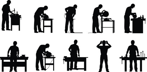 Industrial workshop silhouettes set showing craftsmen cutting metal, drilling, grinding, assembling tools, and performing professional manufacturing labor tasks