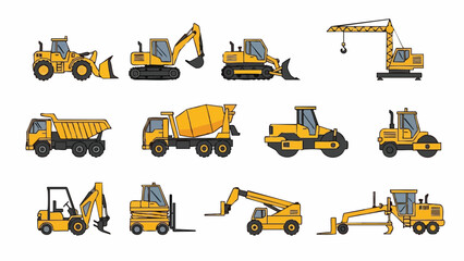Yellow construction machinery set heavy equipment collection.
