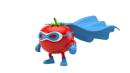 Superhero Tomato Character with Blue Cape and Mask