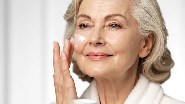 A mature woman gently applies cream to her face