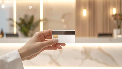 A hand holding a credit card in an elegant, well-lit space, showcasing a secure payment method