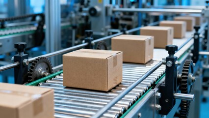 Cardboard boxes moving along a conveyor belt in a modern warehouse, showcasing efficient logistics and packaging processes in an industrial environment with copy space