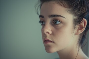 Young woman with brown hair and expressive eyes gazes thoughtfully into the distance, showcasing a serene and contemplative mood in a softly lit environment. Pastel green background. Copy space