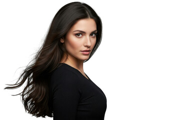 Fototapeta premium Beautiful woman with long dark hair isolated on transparent background