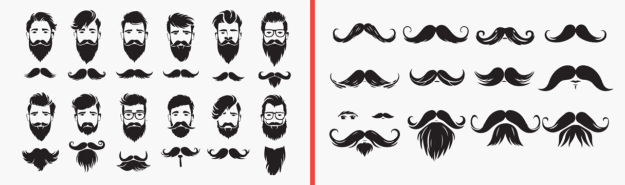 bearded men illustration, mustache face icons, male portrait silhouettes, hipster man faces, barber style vector, men avatar collection, beard character design, masculine illustration pack, face clipa
