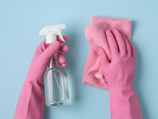 Flat lay concept of bright cleaning tools minimalist modern clean