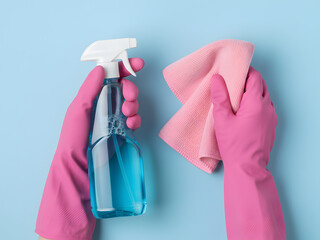 Pink gloves hold cleaning tools against plain blue background