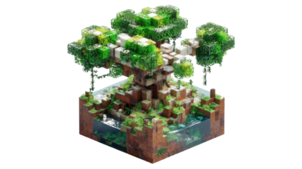 Voxel art style diorama featuring a detailed floating island with a large central tree and surrounding vegetation, displaying a diverse ecosystem