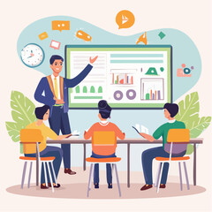 Business meeting presentation with diverse team collaborating and learning from charts on a large screen