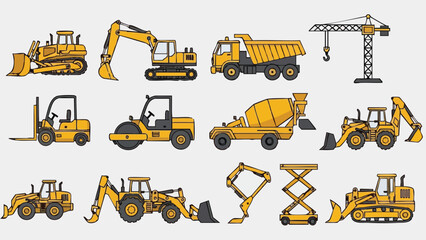 Yellow construction vehicles set heavy machinery collection.