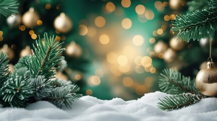 Frosted pine branches and golden baubles with bokeh lights, a festive Christmas background.
