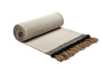 Rolled beige textile fabric with black stripes and fringe detail image