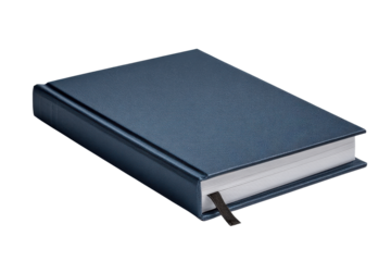 Blue hardcover book with textured cover and black ribbon bookmark on black background navy teal