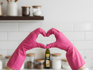 Gloved hands form heart against clean minimalist modern kitchen