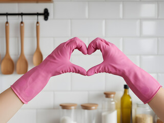 Pink rubber gloves form heart in bright modern kitchen
