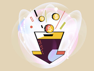 Abstract arrow with falling coins in modern geometric vector style