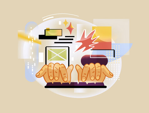 Hands typing on laptop with abstract UI elements